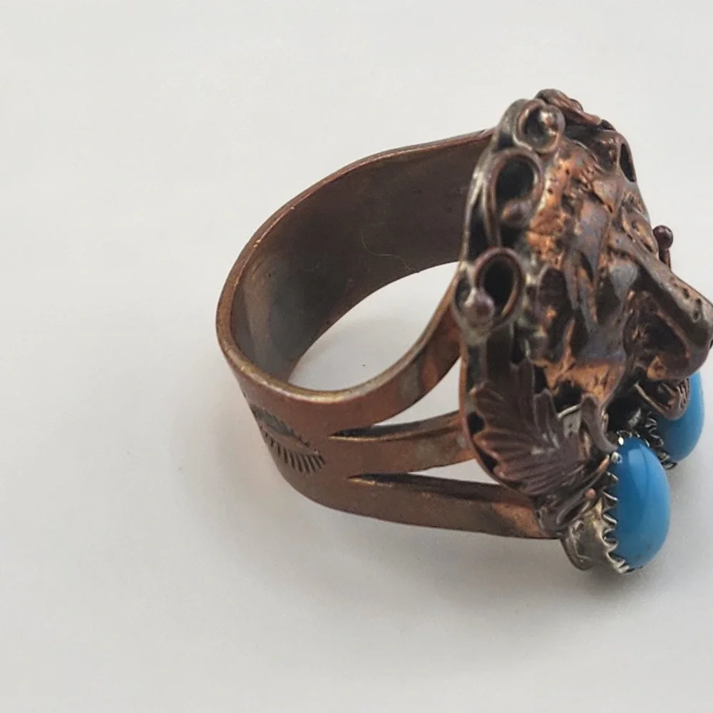 Vintage Running Bear Sterling‎ Silver Copper Turquoise Bear Ring Size 9.5